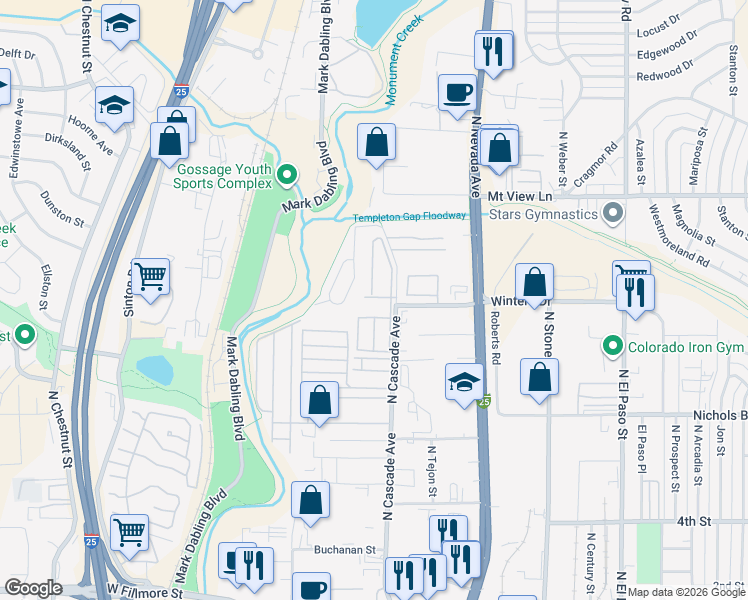 map of restaurants, bars, coffee shops, grocery stores, and more near 3750 North Cascade Avenue in Colorado Springs
