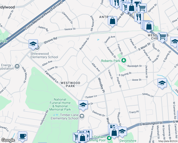 map of restaurants, bars, coffee shops, grocery stores, and more near 7239 Woodley Place in Falls Church