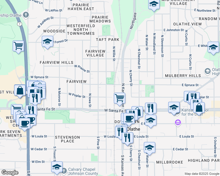 map of restaurants, bars, coffee shops, grocery stores, and more near 311 West Spruce Street in Olathe