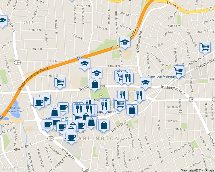 map of restaurants, bars, coffee shops, grocery stores, and more near Washington Blvd & N Nelson St in Arlington