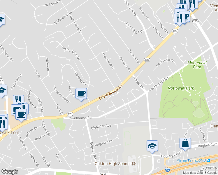 map of restaurants, bars, coffee shops, grocery stores, and more near 2746 Chain Bridge Road in Vienna