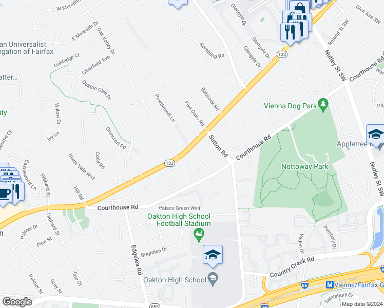 map of restaurants, bars, coffee shops, grocery stores, and more near 2725 Chain Bridge Road in Vienna