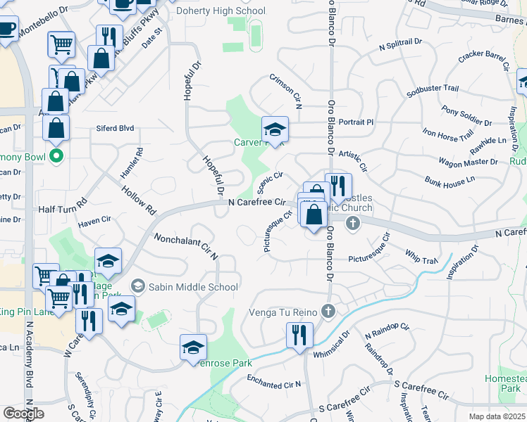 map of restaurants, bars, coffee shops, grocery stores, and more near 4523 North Carefree Circle in Colorado Springs