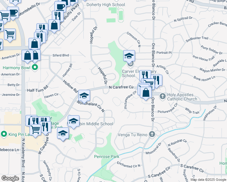 map of restaurants, bars, coffee shops, grocery stores, and more near 4245 North Carefree Circle in Colorado Springs