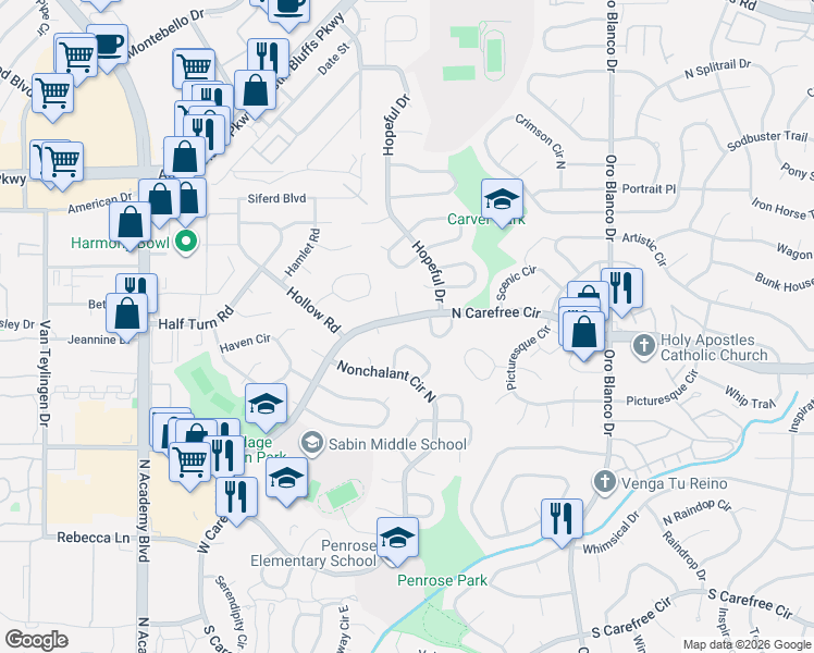 map of restaurants, bars, coffee shops, grocery stores, and more near 4025 North Carefree Circle in Colorado Springs