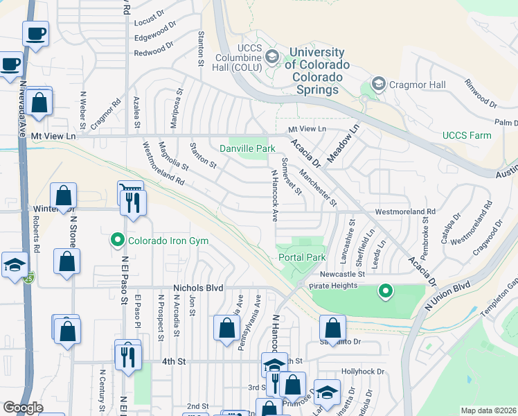 map of restaurants, bars, coffee shops, grocery stores, and more near 1188 Westmoreland Road in Colorado Springs