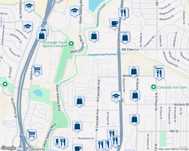 map of restaurants, bars, coffee shops, grocery stores, and more near 3750 North Cascade Avenue in Colorado Springs