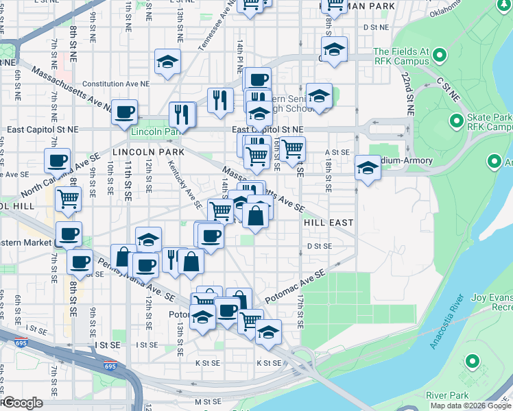map of restaurants, bars, coffee shops, grocery stores, and more near 101 Independence Avenue Southeast in Washington
