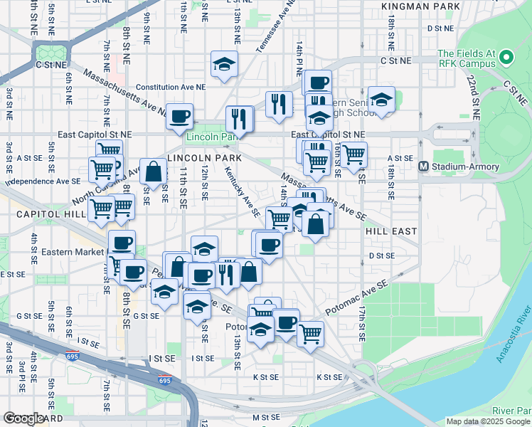 map of restaurants, bars, coffee shops, grocery stores, and more near 101 Independence Avenue Southeast in Washington