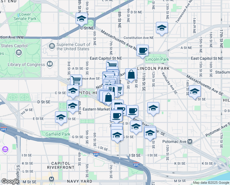 map of restaurants, bars, coffee shops, grocery stores, and more near 101 Independence Avenue Southeast in Washington