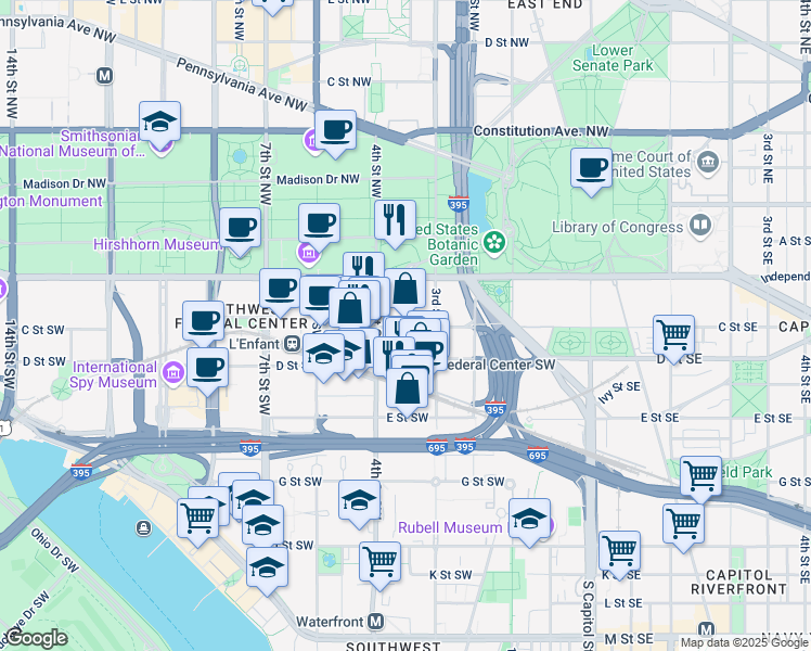 map of restaurants, bars, coffee shops, grocery stores, and more near 101 Independence Avenue Southeast in Washington