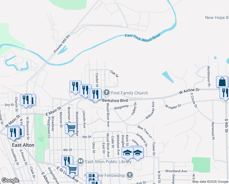 map of restaurants, bars, coffee shops, grocery stores, and more near 602 East Main Street in East Alton