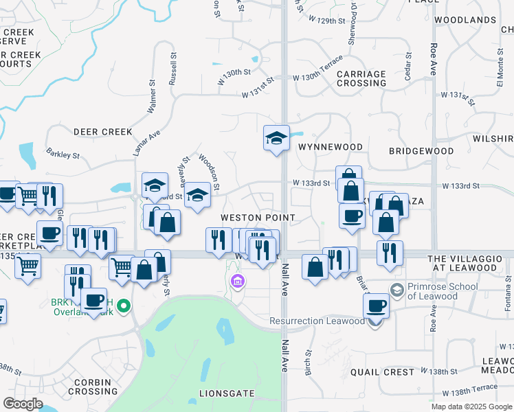 map of restaurants, bars, coffee shops, grocery stores, and more near in Overland Park