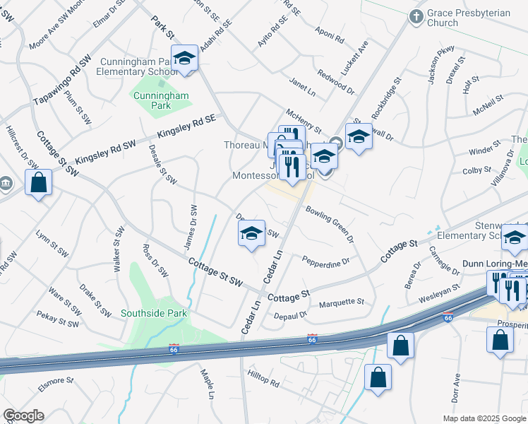 map of restaurants, bars, coffee shops, grocery stores, and more near 105 Sanoey Circle Southeast in Vienna