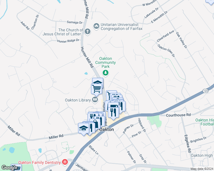 map of restaurants, bars, coffee shops, grocery stores, and more near 2802 Welbourne Court in Oakton