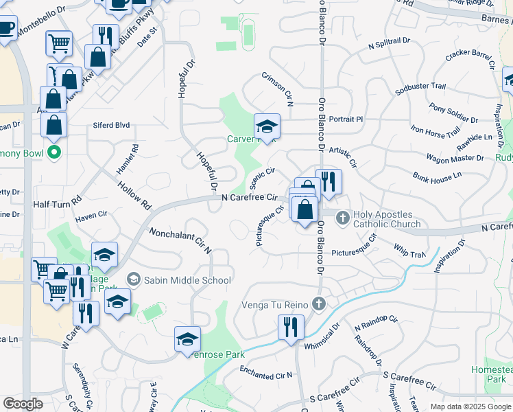 map of restaurants, bars, coffee shops, grocery stores, and more near 4523 North Carefree Circle in Colorado Springs