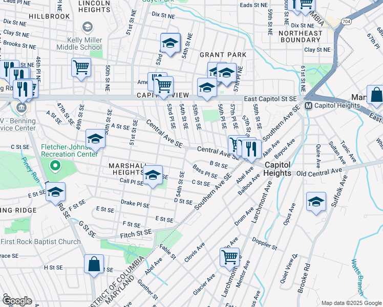 map of restaurants, bars, coffee shops, grocery stores, and more near 5411 Central Avenue Southeast in Washington