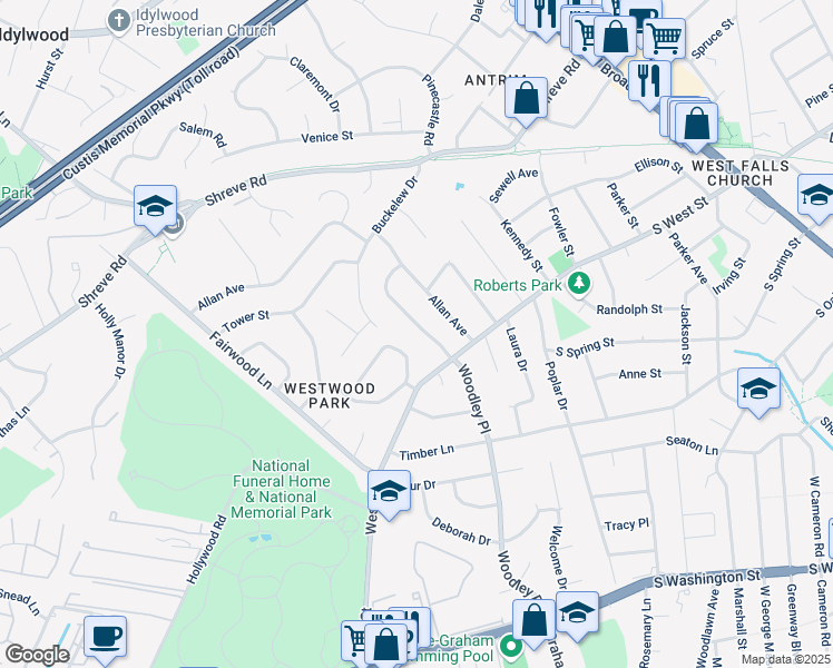 map of restaurants, bars, coffee shops, grocery stores, and more near 7239 Woodley Place in Falls Church