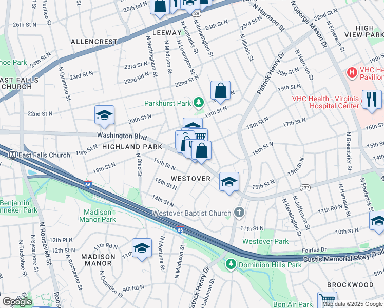 map of restaurants, bars, coffee shops, grocery stores, and more near 1644 McKinley Road in Arlington