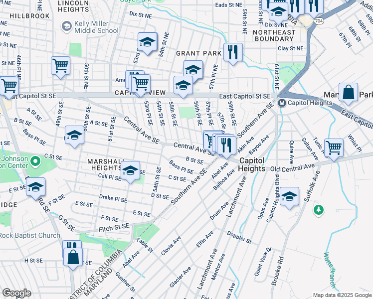 map of restaurants, bars, coffee shops, grocery stores, and more near 5503 Central Avenue Southeast in Washington