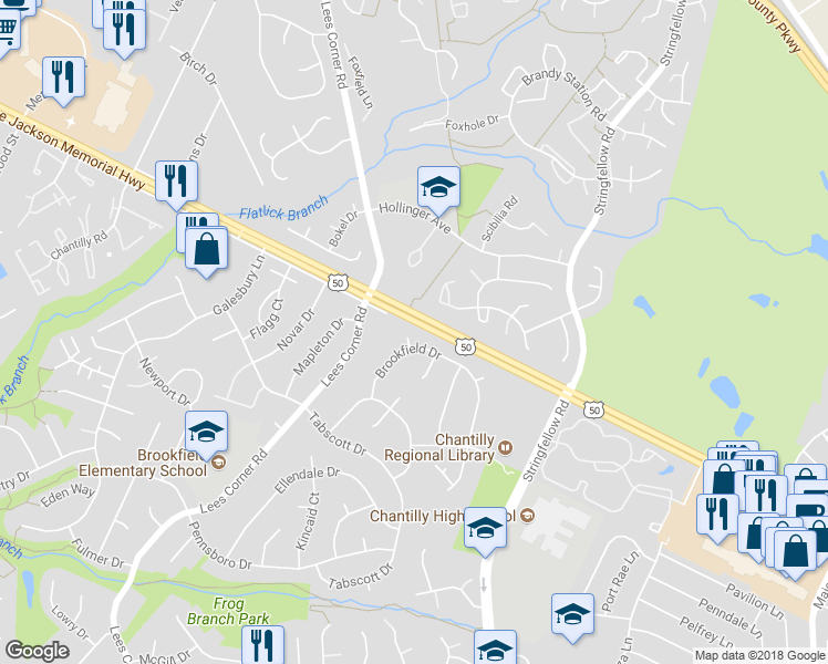 map of restaurants, bars, coffee shops, grocery stores, and more near 13441 Brookfield Dr in Chantilly