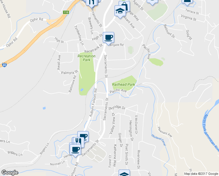 map of restaurants, bars, coffee shops, grocery stores, and more near 383 Sacramento Street in Auburn