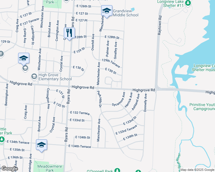 map of restaurants, bars, coffee shops, grocery stores, and more near 7804 East 130 Court in Grandview