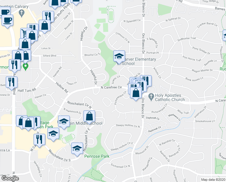 map of restaurants, bars, coffee shops, grocery stores, and more near 4245 North Carefree Circle in Colorado Springs
