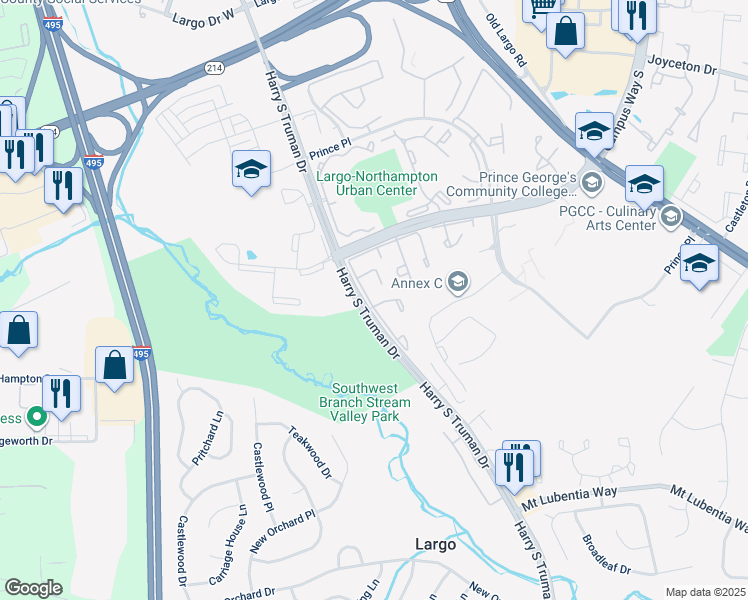 map of restaurants, bars, coffee shops, grocery stores, and more near 288 Harry S Truman Drive in Upper Marlboro