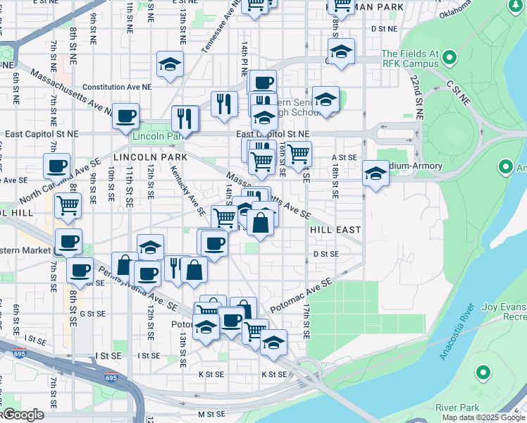 map of restaurants, bars, coffee shops, grocery stores, and more near 101 Independence Avenue Southeast in Washington