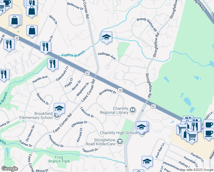 map of restaurants, bars, coffee shops, grocery stores, and more near 13441 Brookfield Dr in Chantilly