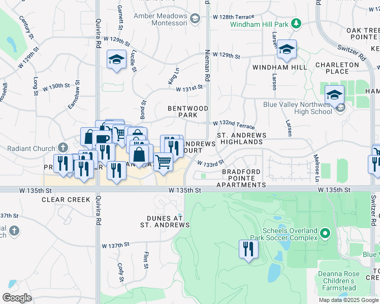 map of restaurants, bars, coffee shops, grocery stores, and more near 11107 132nd Court in Overland Park