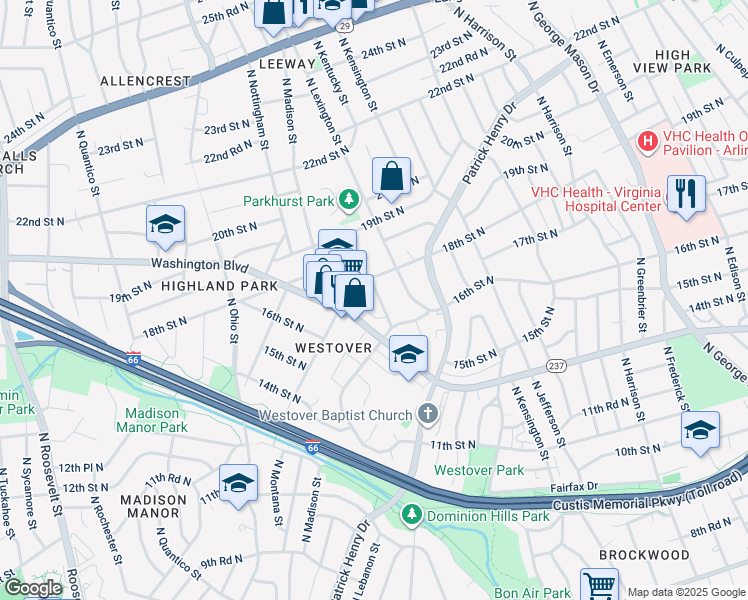 map of restaurants, bars, coffee shops, grocery stores, and more near 1670 North Longfellow Street in Arlington