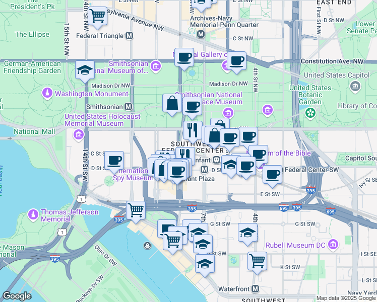 map of restaurants, bars, coffee shops, grocery stores, and more near 800 C Street Southwest in Washington