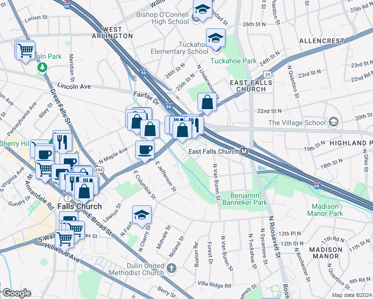 map of restaurants, bars, coffee shops, grocery stores, and more near 2121 North Westmoreland Street in Arlington