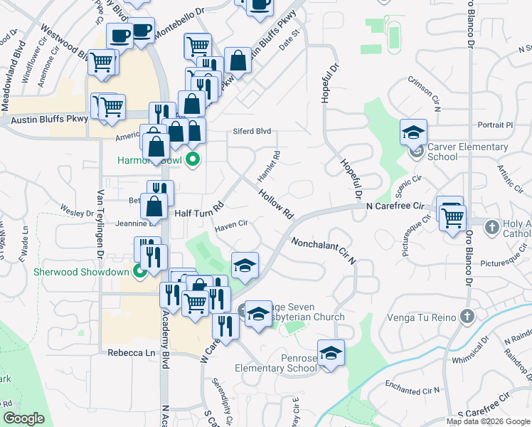 map of restaurants, bars, coffee shops, grocery stores, and more near 4096 Host Lane in Colorado Springs