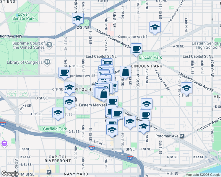 map of restaurants, bars, coffee shops, grocery stores, and more near 101 Independence Avenue Southeast in Washington