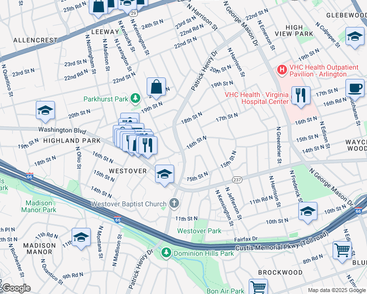 map of restaurants, bars, coffee shops, grocery stores, and more near 5717 16th Street North in Arlington