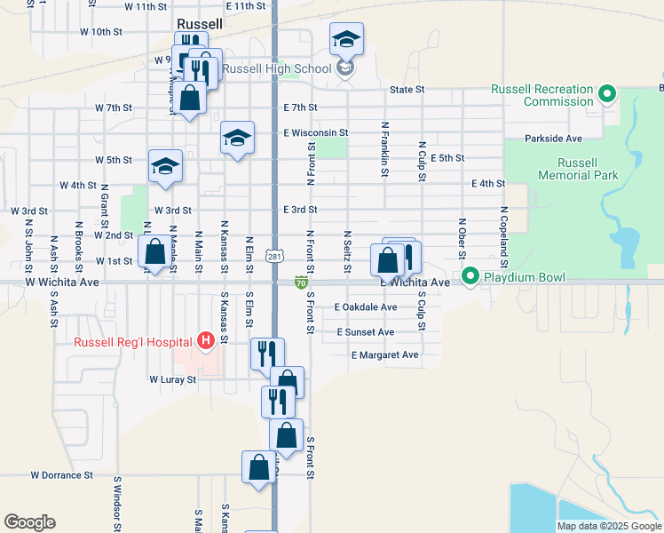 map of restaurants, bars, coffee shops, grocery stores, and more near 558 East 1st Street in Russell