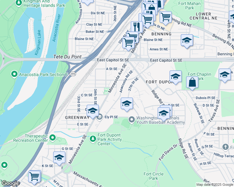 map of restaurants, bars, coffee shops, grocery stores, and more near 303 Anacostia Road Southeast in Washington