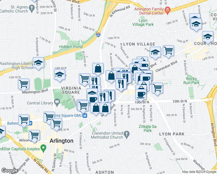 map of restaurants, bars, coffee shops, grocery stores, and more near 3309 Washington Boulevard in Arlington