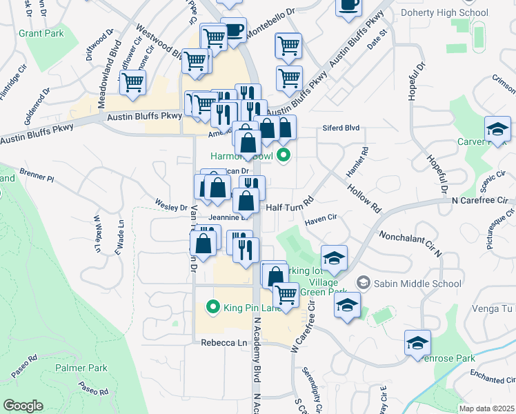 map of restaurants, bars, coffee shops, grocery stores, and more near N Academy Blvd & Half Turn Rd in Colorado Springs