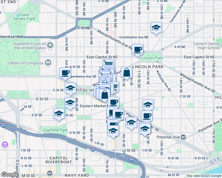 map of restaurants, bars, coffee shops, grocery stores, and more near 750 C Street Southeast in Washington