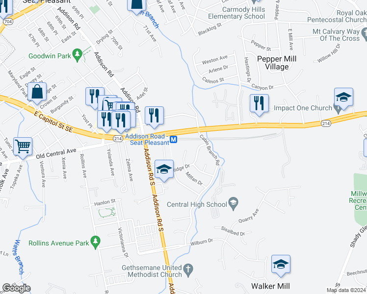 map of restaurants, bars, coffee shops, grocery stores, and more near 301 Milfan Drive in Capitol Heights