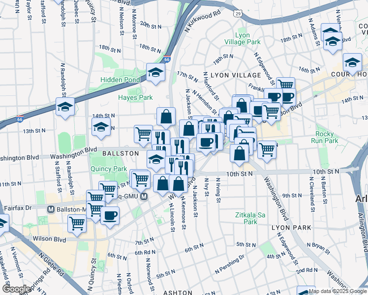 map of restaurants, bars, coffee shops, grocery stores, and more near 3309 Washington Boulevard in Arlington