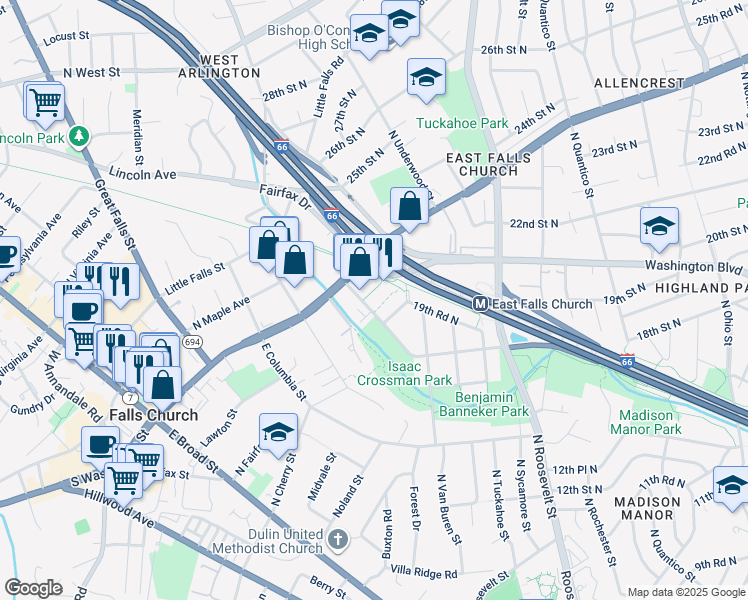 map of restaurants, bars, coffee shops, grocery stores, and more near 2121 North Westmoreland Street in Arlington