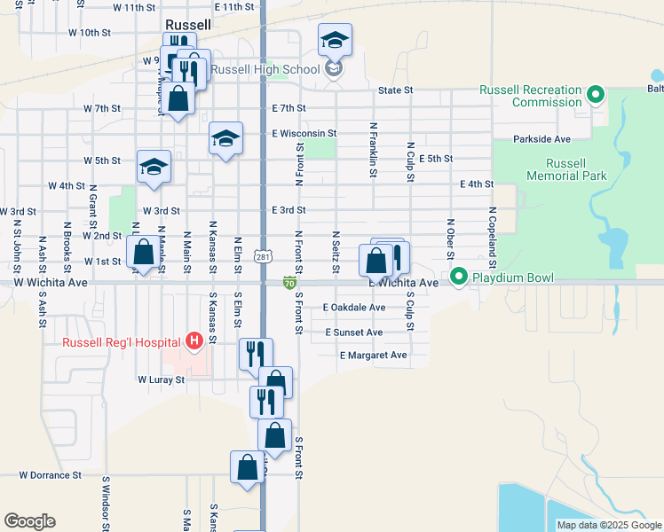 map of restaurants, bars, coffee shops, grocery stores, and more near 558 East 1st Street in Russell