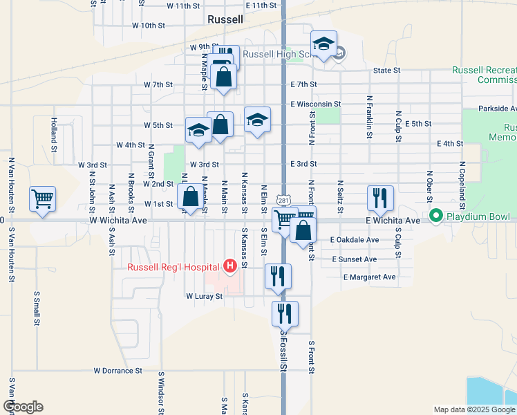 map of restaurants, bars, coffee shops, grocery stores, and more near 2-98 N Elm St in Russell
