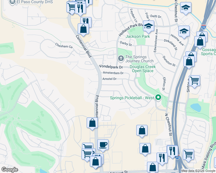 map of restaurants, bars, coffee shops, grocery stores, and more near 1281 Hans Brinker Lane in Colorado Springs
