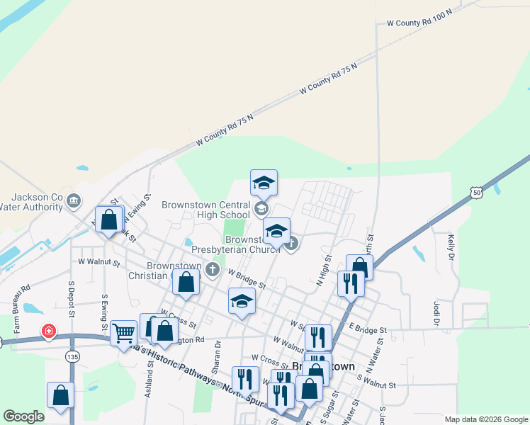 map of restaurants, bars, coffee shops, grocery stores, and more near 500 North Elm Street in Brownstown